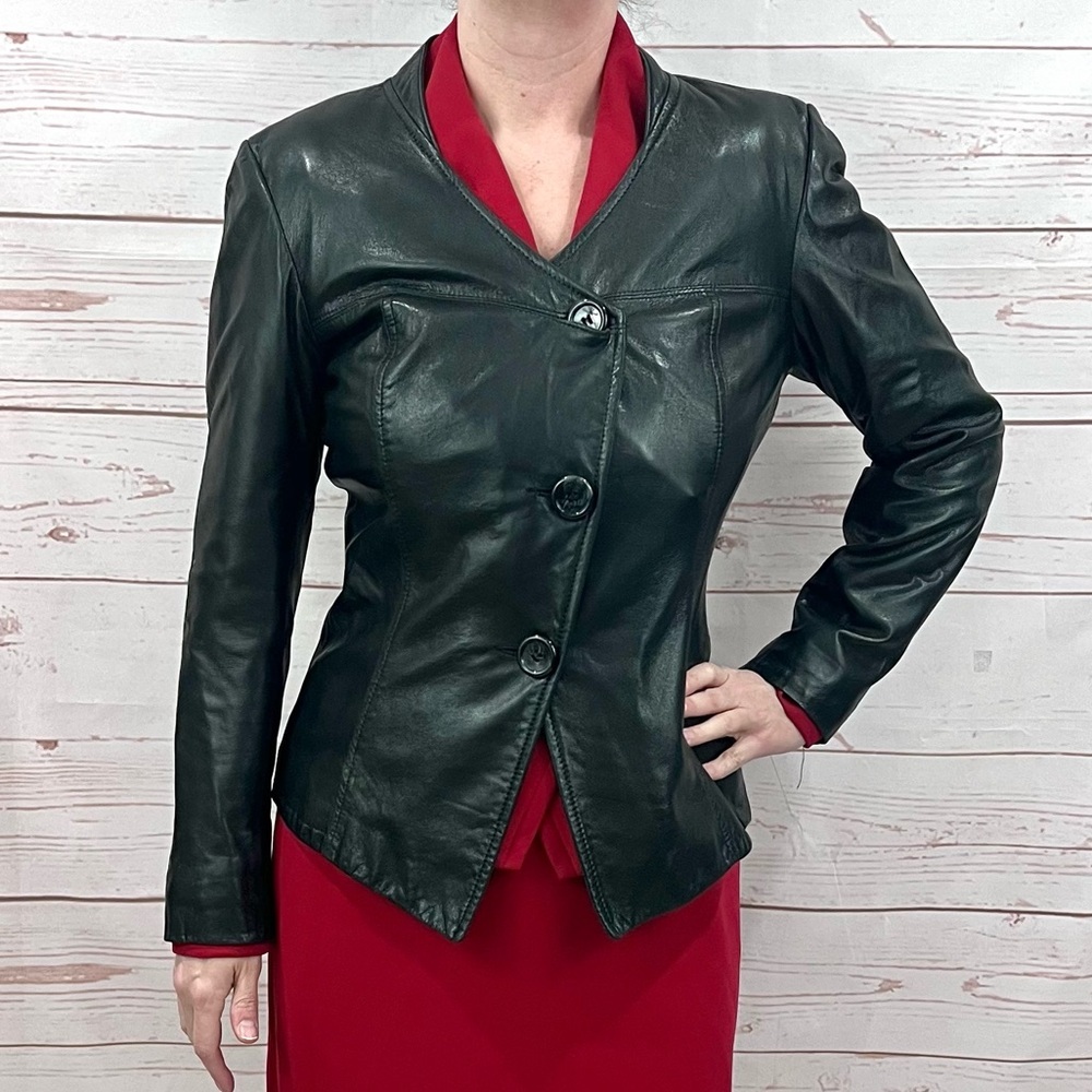 Danier Asymmetrical Button Buttery Nappa Fine Italian Leather Moto Blazer Jacket